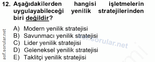 12. soru: Aşağıdakilerden hangisi işletmelerin uygulayabileceği yenilik stratejilerinden biri değildir? A) Modern yenilik strat…