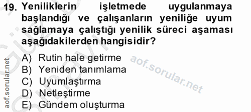 19. soru: Yeniliklerin işletmede uygulanmaya başlandığı ve çalışanların yeniliğe uyum sağlamaya çalıştığı yenilik süreci aşamas…