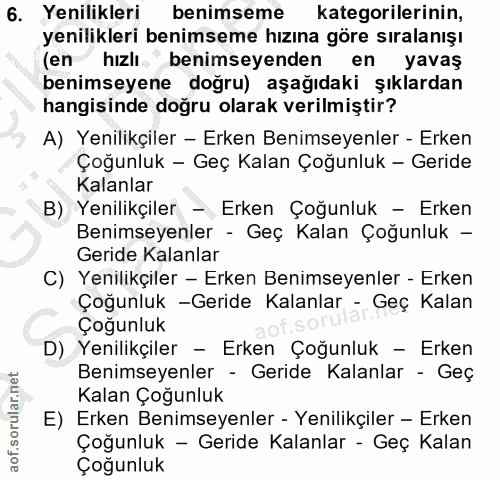 6. soru: Yenilikleri benimseme kategorilerinin, yenilikleri benimseme hızına göre sıralanışı (en hızlı benimseyenden en yavaş…