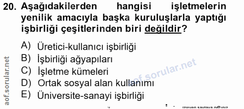 20. soru: Aşağıdakilerden hangisi işletmelerin yenilik amacıyla başka kuruluşlarla yaptığı işbirliği çeşitlerinden biri değildi…