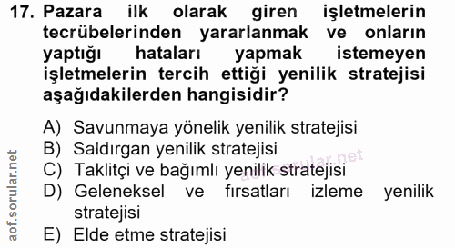 17. soru: Pazara ilk olarak giren işletmelerin tecrübelerinden yararlanmak ve onların yaptığı hataları yapmak istemeyen işletme…