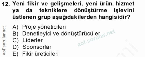 12. soru: Yeni fikir ve gelişmeleri, yeni ürün, hizmet ya da tekniklere dönüştürme işlevini üstlenen grup aşağıdakilerden hangi…