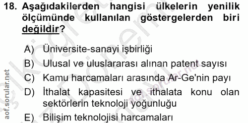 18. soru: Aşağıdakilerden hangisi ülkelerin yenilik ölçümünde kullanılan göstergelerden biri değildir? A) Üniversite-sanayi işb…