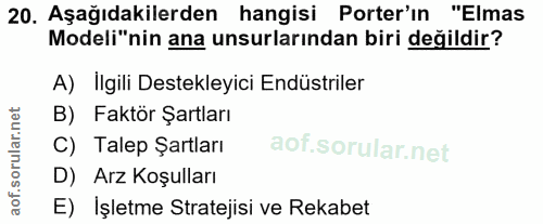 20. soru: Aşağıdakilerden hangisi Porter'ın "Elmas Modeli"nin ana unsurlarından biri değildir? A) Ilgili Destekleyici Endüstril…