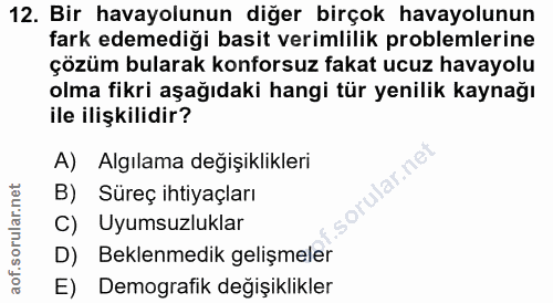 12. soru: Bir havayolunun diğer birçok havayolunun fark edemediği basit verimlilik problemlerine çözüm bularak konforsuz fakat…