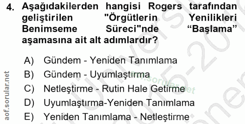 4. soru: Aşağıdakilerden hangisi Rogers tarafından geliştirilen "Örgütlerin Yenilikleri Benimseme Süreci"nde "Başlama" aşaması…