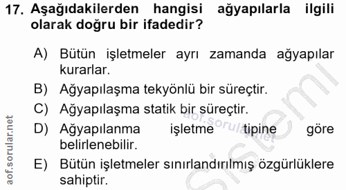 17. soru: Aşağıdakilerden hangisi ağyapılarla ilgili olarak doğru bir ifadedir? A) Bütün işletmeler ayrı zamanda ağyapılar kura…