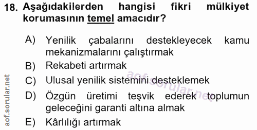 18. soru: Aşağıdakilerden hangisi fikri mülkiyet korumasının temel amacıdır? A) Yenilik çabalarını destekleyecek kamu mekanizma…