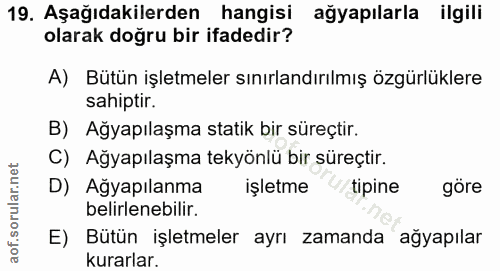 19. soru: Aşağıdakilerden hangisi ağyapılarla ilgili olarak doğru bir ifadedir? A) Bütün işletmeler sınırlandırılmış özgürlükle…