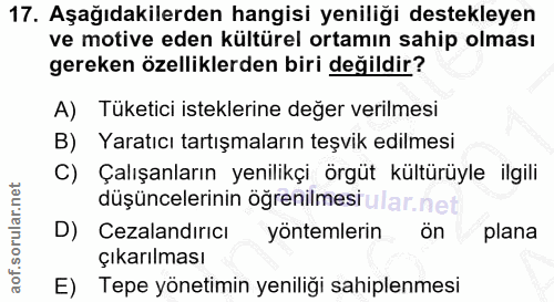 17. soru: Aşağıdakilerden hangisi yeniliği destekleyen ve motive eden kültürel ortamın sahip olması gereken özelliklerden biri…