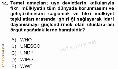 14. soru: Temel amaçları; üye devletlerin katkılarıyla fikri mülkiyetin tüm dünyada korunmasını ve geliştirilmesini sağlamak ve…