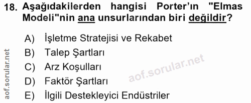 18. soru: Aşağıdakilerden hangisi Porter'ın "Elmas Modeli"nin ana unsurlarından biri değildir? A) İşletme Stratejisi ve Rekabet…