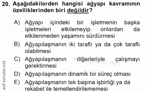 20. soru: Aşağıdakilerden hangisi ağyapı kavramının özelliklerinden biri değildir? A) Ağyapı içindeki bir işletmenin başka işle…
