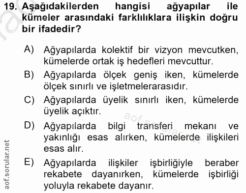 19. soru: Aşağıdakilerden hangisi ağyapılar ile kümeler arasındaki farklılıklara ilişkin doğru bir ifadedir? A) Ağyapılarda kol…