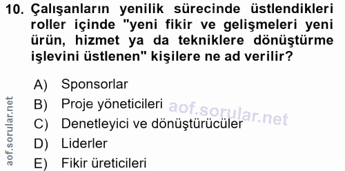 10. soru: Çalışanların yenilik sürecinde üstlendikleri roller içinde "yeni fikir ve gelişmeleri yeni ürün, hizmet ya da teknikl…