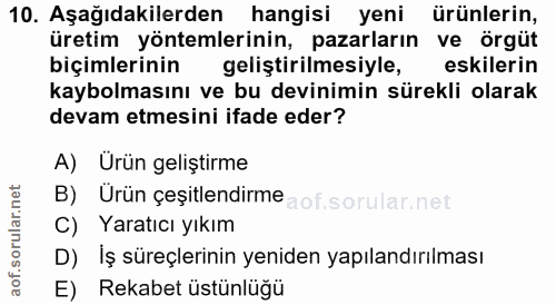 10. soru: Aşağıdakilerden hangisi yeni ürünlerin, üretim yöntemlerinin, pazarların ve örgüt biçimlerinin geliştirilmesiyle, esk…