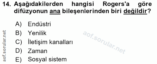 14. soru: Aşağıdakilerden hangisi Rogers'a göre difüzyonun ana bileşenlerinden biri değildir? A) Endüstri B) Yenilik C) İletişi…