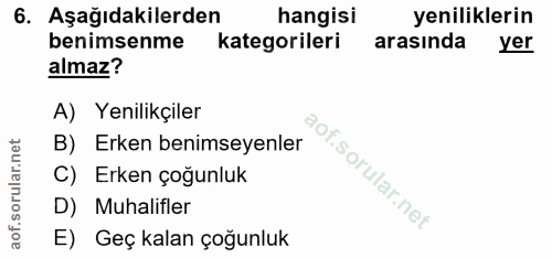6. soru: Aşağıdakilerden hangisi yeniliklerin benimsenme kategorileri arasında yer almaz? A) Yenilikçiler B) Erken benimseyenl…