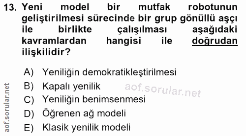 13. soru: Yeni model bir mutfak robotunun geliştirilmesi sürecinde bir grup gönüllü aşçı ile birlikte çalışılması aşağıdaki kav…