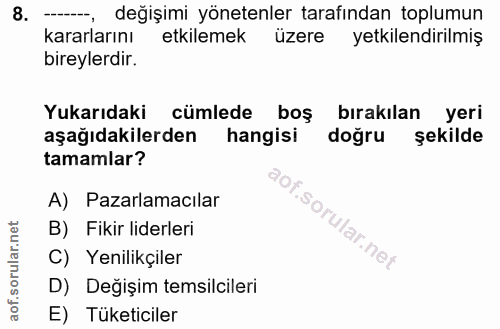8. soru: -, değişimi yönetenler tarafından toplumun kararlarını etkilemek üzere yetkilendirilmiş bireylerdir. Yukarıdaki cümle…