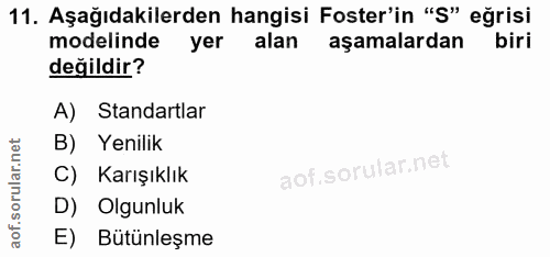 11. soru: Aşağıdakilerden hangisi Foster'in "S" eğrisi modelinde yer alan aşamalardan biri değildir? A) Standartlar B) Yenilik…