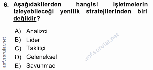 6. soru: Aşağıdakilerden hangisi işletmelerin izleyebileceği yenilik stratejilerinden biri değildir? A) Analizci B) Lider C) T…
