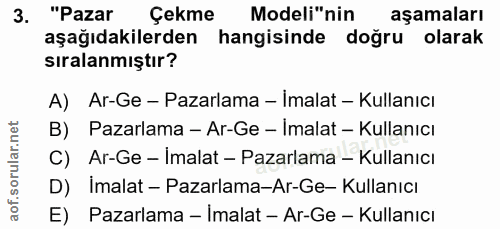 3. soru: "Pazar Çekme Modeli"nin aşamaları aşağıdakilerden hangisinde doğru olarak sıralanmıştır? A) Ar-Ge - Pazarlama - İmala…