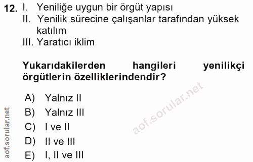 12. soru: I. Yeniliğe uygun bir örgüt yapısı II. Yenilik sürecine çalışanlar tarafından yüksek katılım III. Yaratıcı iklim Yuka…