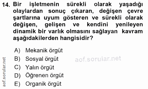 14. soru: Bir işletmenin sürekli olarak yaşadığı olaylardan sonuç çıkaran, değişen çevre şartlarına uyum gösteren ve sürekli ol…
