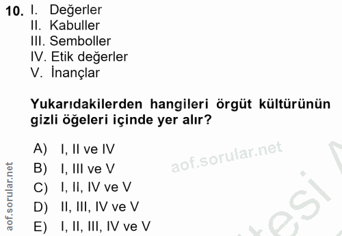 10. soru: I. Değerler II. Kabuller III. Semboller IV. Etik değerler V. Inançlar Yukarıdakilerden hangileri örgüt kültürünün giz…