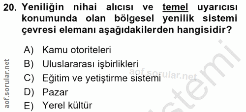 20. soru: Yeniliğin nihai alıcısı ve temel uyarıcısı konumunda olan bölgesel yenilik sistemi çevresi elemanı aşağıdakilerden ha…