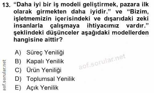 13. soru: "Daha iyi bir iş modeli geliştirmek, pazara ilk olarak girmekten daha iyidir." ve "Bizim, işletmemizin içerisindeki v…