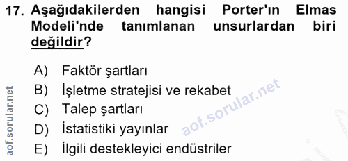 17. soru: Aşağıdakilerden hangisi Porter'in Elmas Modeli'nde tanımlanan unsurlardan biri değildir? A) Faktör şartları B) işletm…