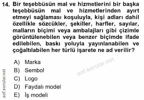 14. soru: Bir teşebbüsün mal ve hizmetlerini bir başka teşebbüsün mal ve hizmetlerinden ayırt etmeyi sağlaması koşuluyla, kişi…
