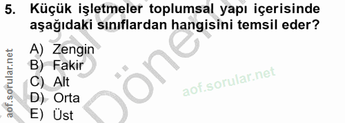 5. soru: Küçük işletmeler toplumsal yapı içerisinde aşağıdaki sınıflardan hangisini temsil eder? A) Zengin B) Fakir C) Alt D)…