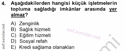 4. soru: Aşağıdakilerden hangisi küçük işletmelerin topluma sağladığı imkânlar arasında yer almaz? A) Zenginlik B) Sağlık hizm…