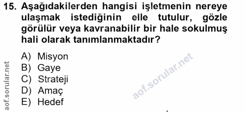 15. soru: Aşağıdakilerden hangisi işletmenin nereye ulaşmak istediğinin elle tutulur, gözle görülür veya kavranabilir bir hale…