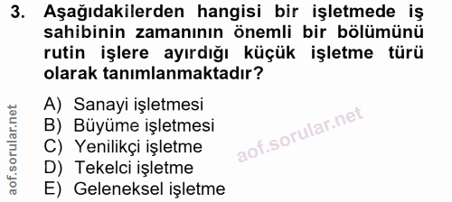 3. soru: Aşağıdakilerden hangisi bir işletmede iş sahibinin zamanının önemli bir bölümünü rutin işlere ayırdığı küçük işletme…