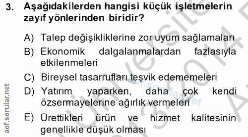 3. soru: Aşağıdakilerden hangisi küçük işletmelerin zayıf yönlerinden biridir? A) Talep değişikliklerine zoruyum sağlamaları B…