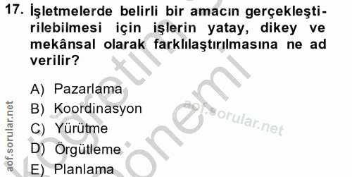 17. soru: İşletmelerde belirli bir amacın gerçekleşti- rilebilmesi için işlerin yatay, dikey ve mekânsal olarak farklılaştırılm…