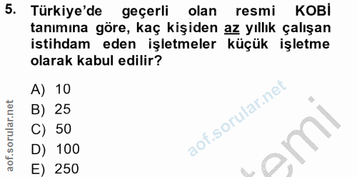 5. soru: Türkiye'de geçerli olan resmi KOBI tanımına göre, kaç kişiden az yıllık çalışan istihdam eden işletmeler küçük işletm…