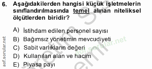 6. soru: Aşağıdakilerden hangisi küçük işletmelerin sınıflandırılmasında temel alınan niteliksel ölçütlerden biridir? A) İstih…