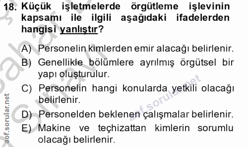 18. soru: Küçük işletmelerde örgütleme işlevinin kapsamı ile ilgili aşağıdaki ifadelerden hangisi yanlıştır? A) Personelin kiml…