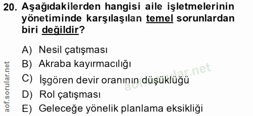 20. soru: Aşağıdakilerden hangisi aile işletmelerinin yönetiminde karşılaşılan temel sorunlardan biri değildir? A) Nesil çatışm…
