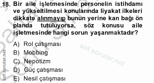18. soru: Bir aile işletmesinde personelin istihdamı ve yükseltilmesi konularında liyakat ilkeleri dikkate alınmayıp bunun yeri…