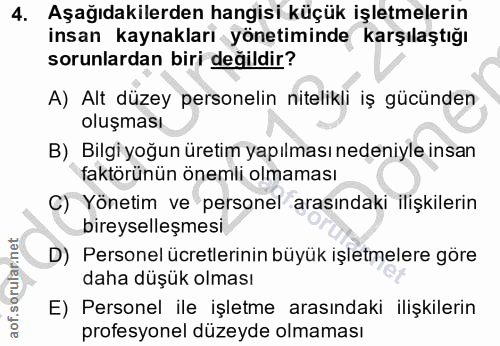 4. soru: Aşağıdakilerden hangisi küçük işletmelerin insan kaynakları yönetiminde karşılaştığı sorunlardan biri değildir? A) Al…
