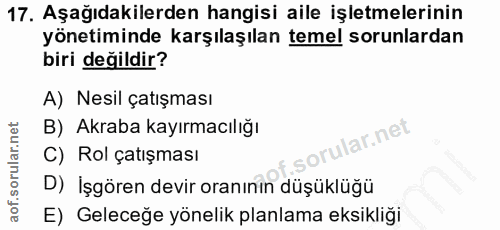 17. soru: Aşağıdakilerden hangisi aile işletmelerinin yönetiminde karşılaşılan temel sorunlardan biri değildir? A) Nesil çatışm…