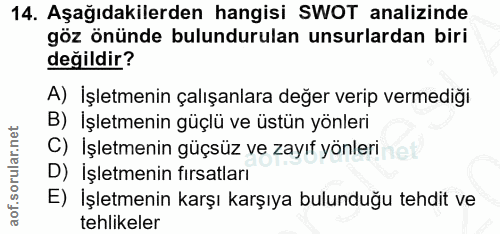 14. soru: Aşağıdakilerden hangisi SWOT analizinde göz önünde bulundurulan unsurlardan biri değildir? A) İşletmenin çalışanlara…