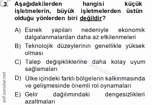 3. soru: Aşağıdakilerden hangisi küçük işletmelerin, büyük işletmelerden üstün olduğu yönlerden biri değildir? A) Esnek yapıla…