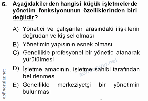 6. soru: Aşağıdakilerden hangisi küçük işletmelerde yönetim fonksiyonunun özelliklerinden biri değildir? A) Yönetici ve çalışa…